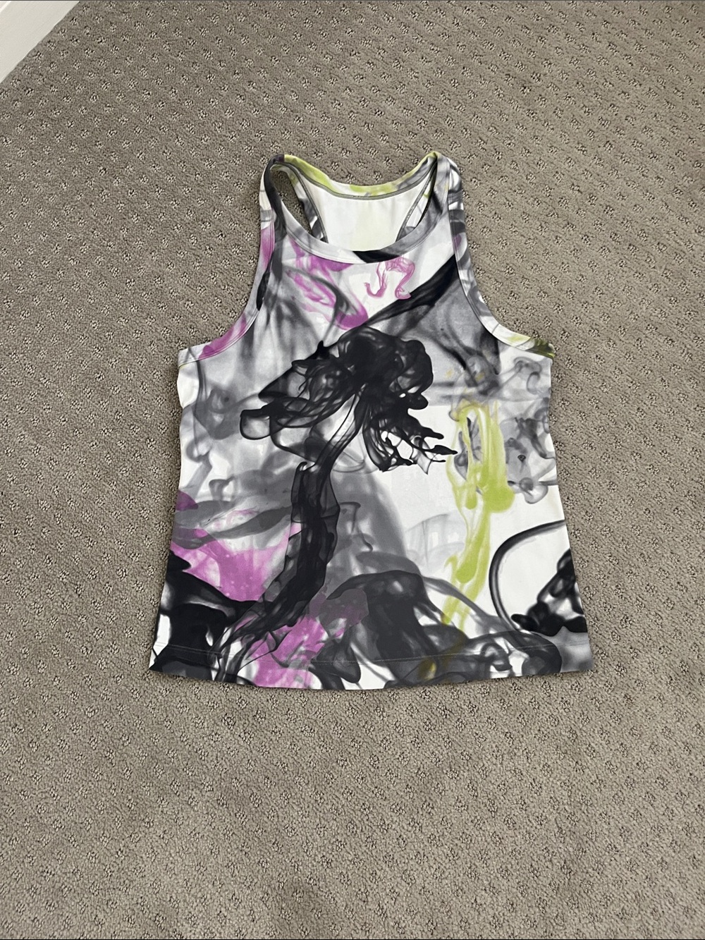 lululemon athletica White Tank Top with Black, Pink, Lime Swirl Print size 6
